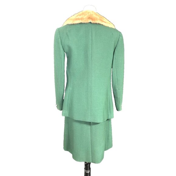 Vintage Flemington Furs 60s Green Wool Mod Dress Suit Fur Collar Classy Classic - Picture 4 of 16